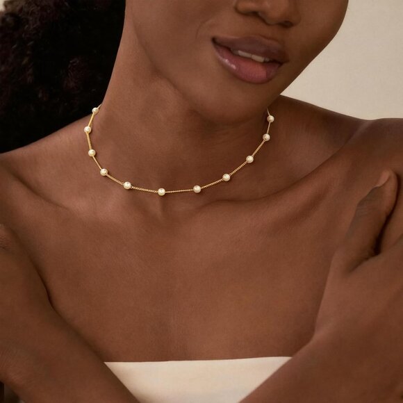 Women's Choker Gold Pearl Necklace 14k Gold Plated Dainty Pearl Necklace Choker - Picture 2 of 7